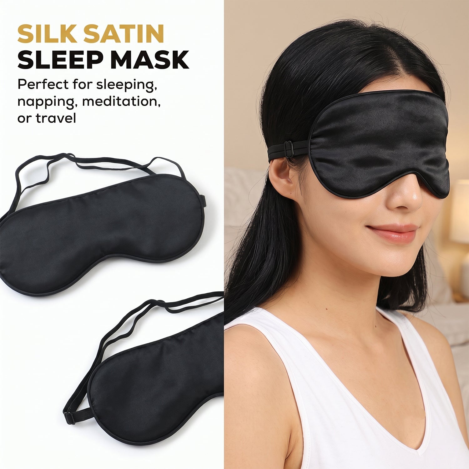 A woman with dark hair wearing a black silk satin sleep mask, with two masks shown on the left.