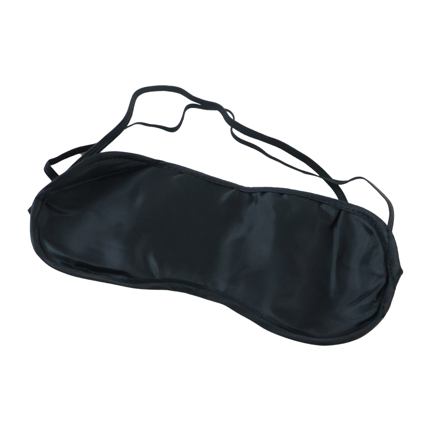 A black silk satin sleep mask with elastic straps on a white background.