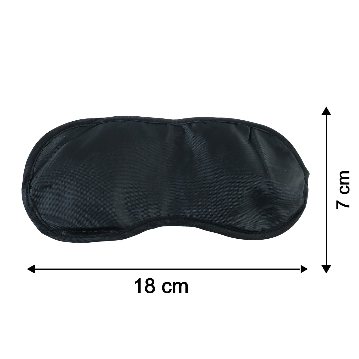 A black silk satin sleep mask with dimensions of 18 cm by 7 cm shown on a white background.
