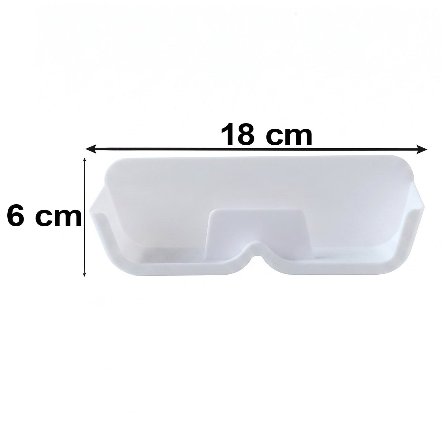 White plastic eyewear holder with dimensions of 18 cm length and 6 cm width indicated.