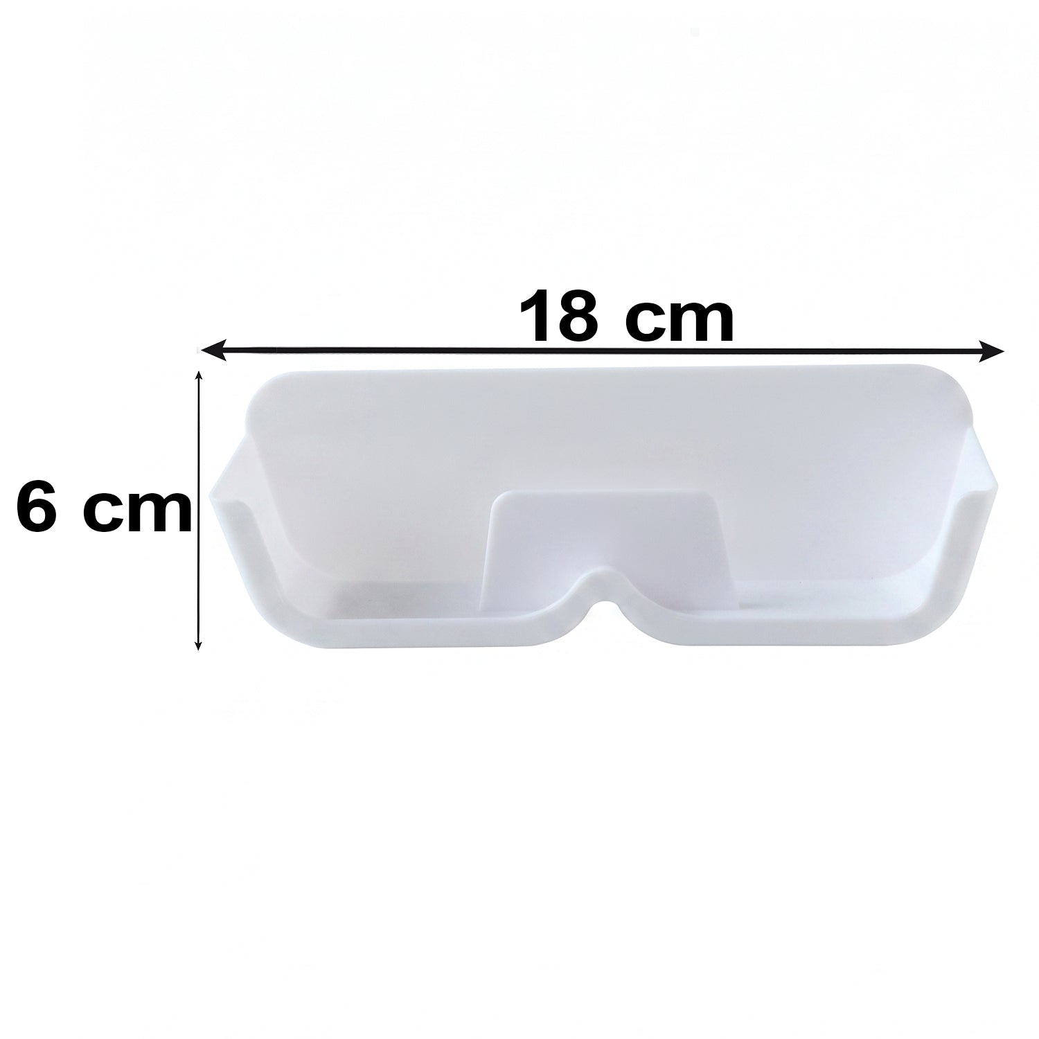 White plastic eyewear holder with dimensions of 18 cm length and 6 cm width indicated.