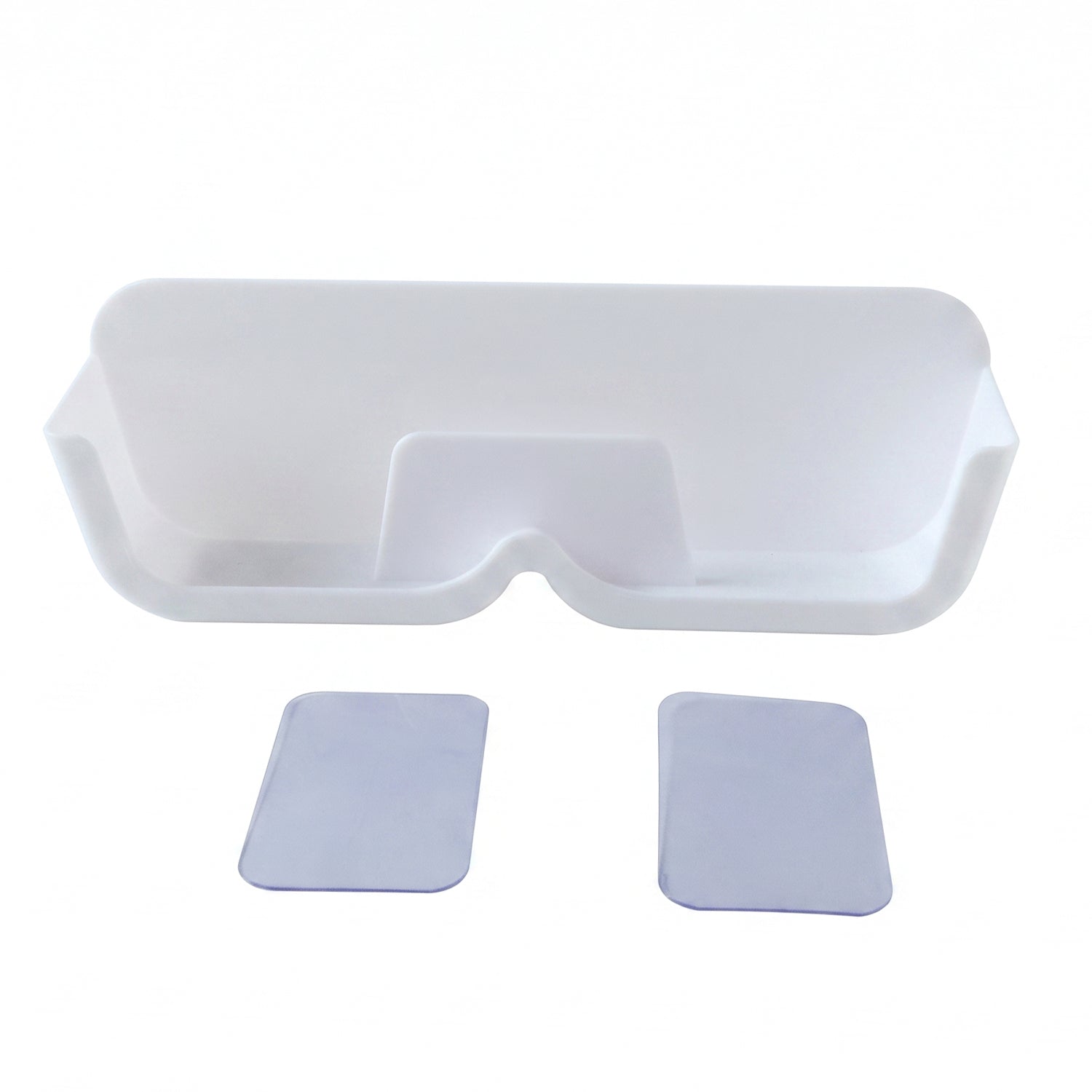 White plastic eyewear holder with two clear adhesive strips on a white background.