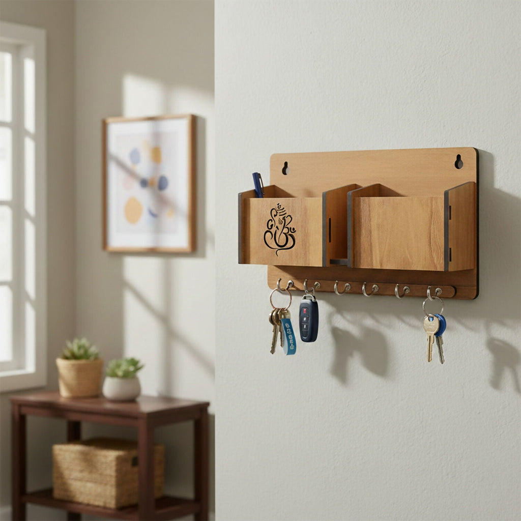 Wooden Wall Mounted Key Holder with Mobile Stand