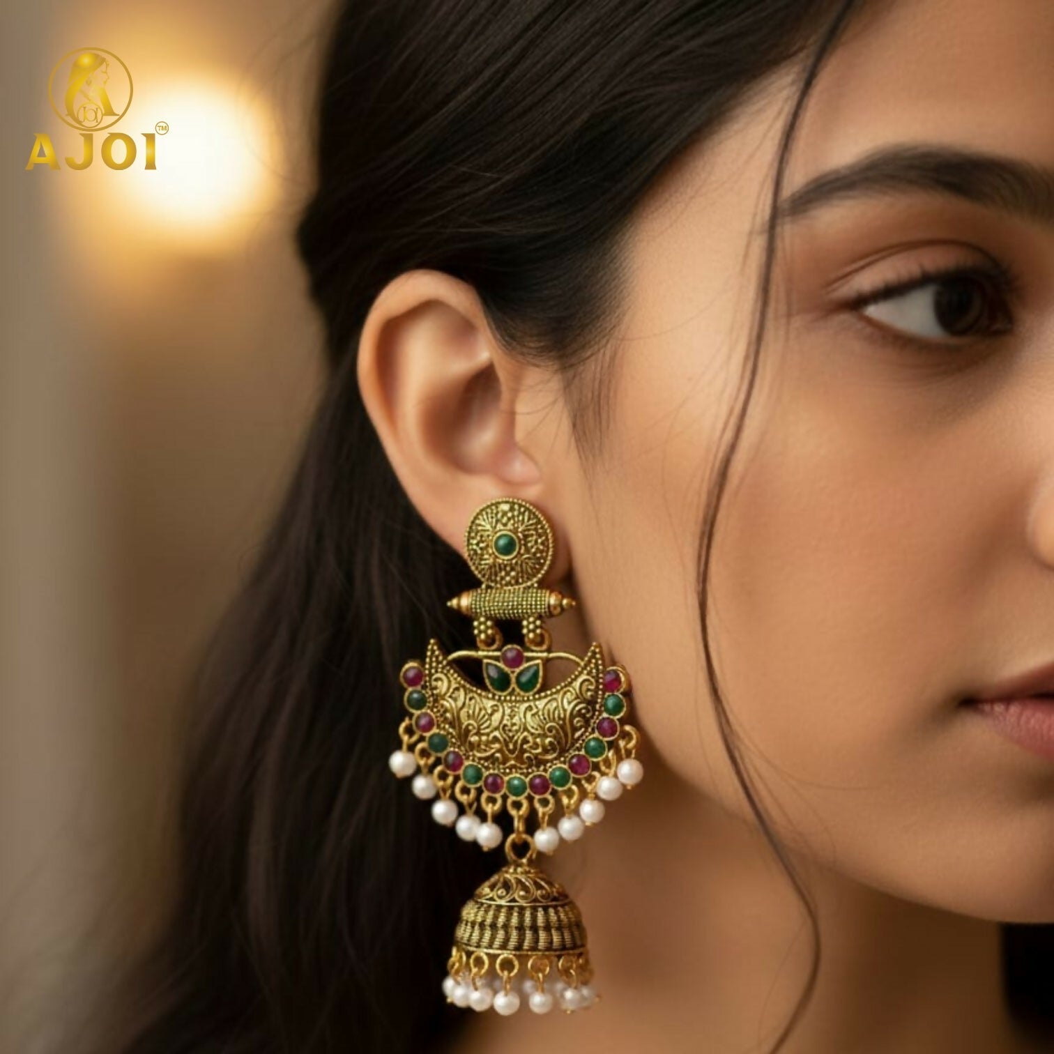 Premium Antique Gold Chandbali Jhumka Earrings