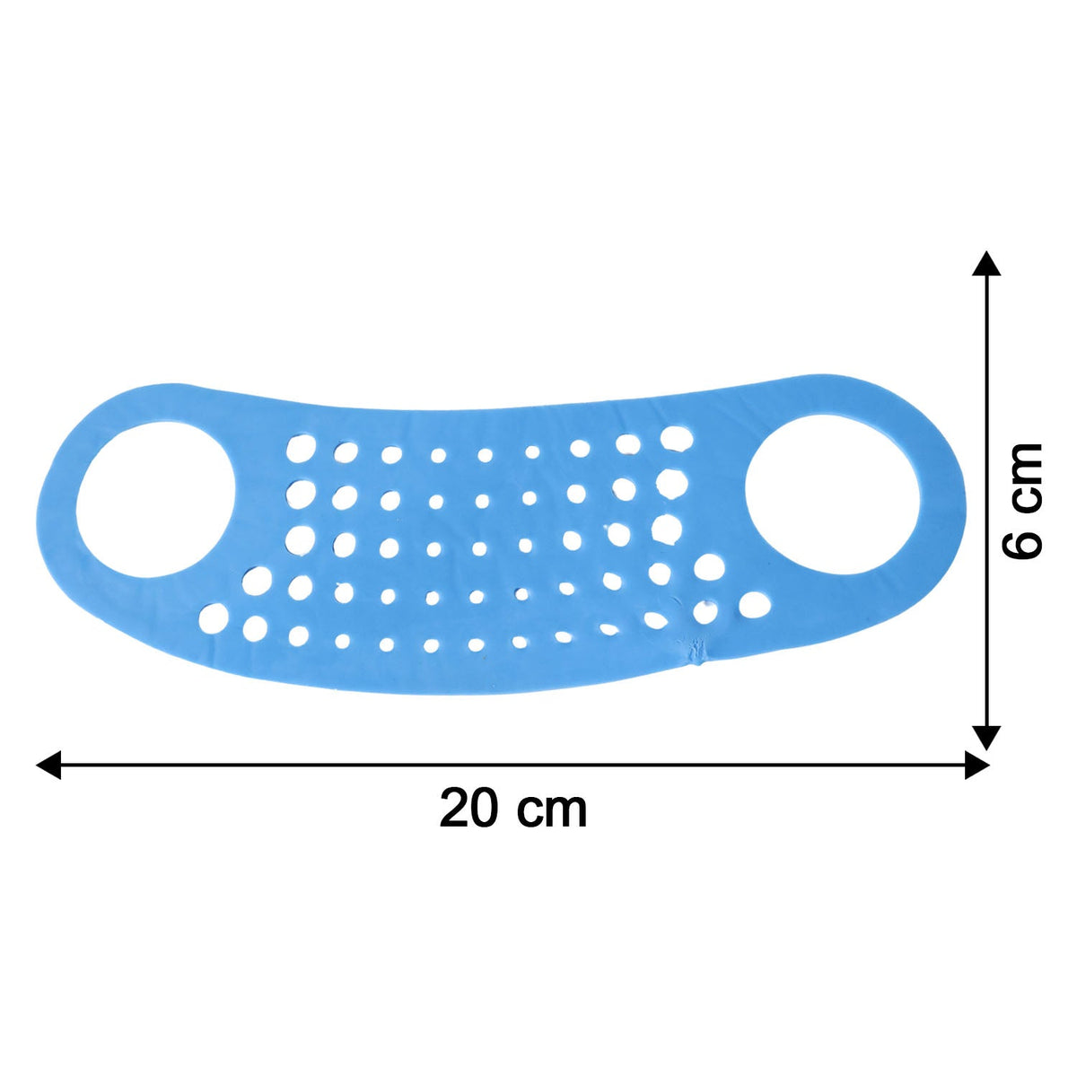 The blue silicone perforated strap with dimensions of 20 cm length and 6 cm width indicated.