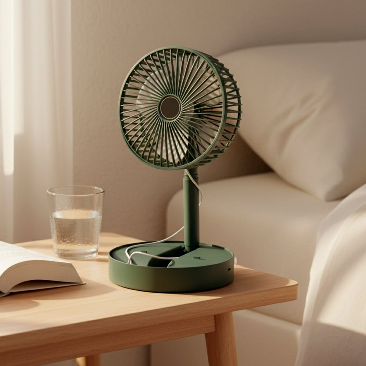 A dark green telescopic foldable mini USB desk fan on a wooden nightstand with a glass of water and an open book.