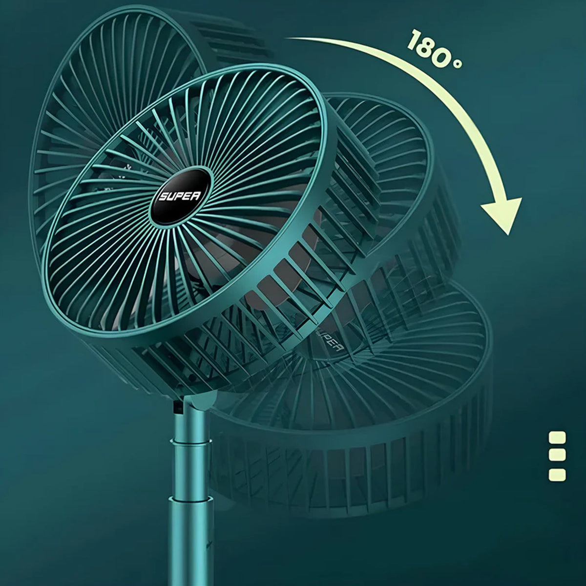 A dark green telescopic foldable mini USB desk fan demonstrating its 180-degree adjustable head with an arrow graphic.