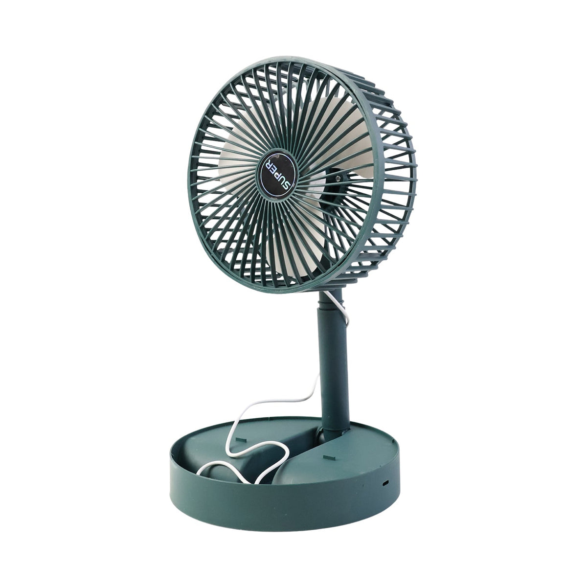 A dark green telescopic foldable mini USB desk fan with a white USB cable, isolated on a white background.