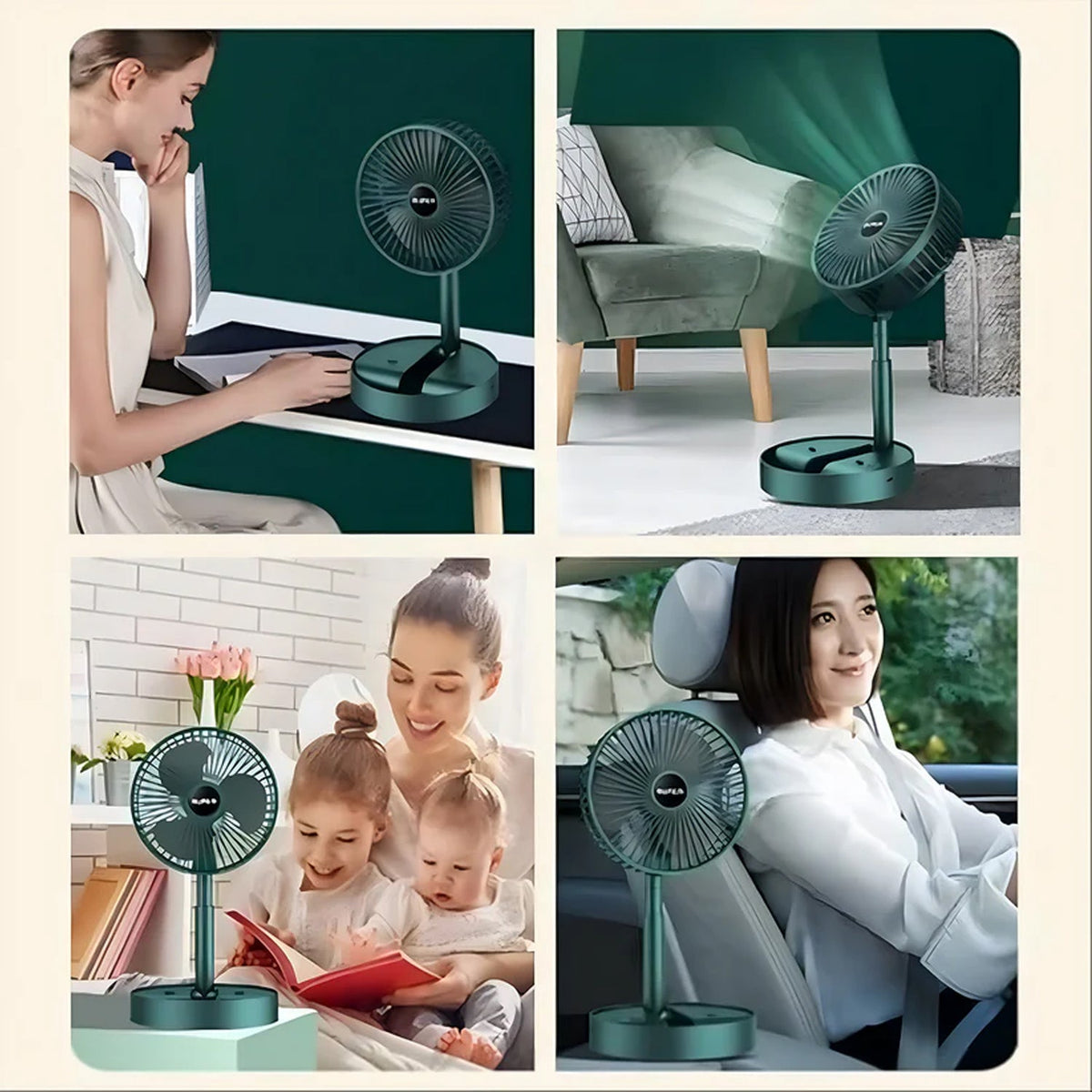 A four-panel collage showing the dark green fan in various settings: on a desk, on the floor, with a family, and in a car.