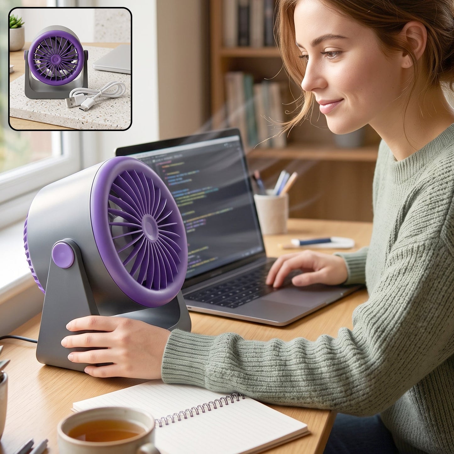 A woman uses a gray and purple Personal Desktop Air Circulation Fan next to her laptop on a wooden desk.
