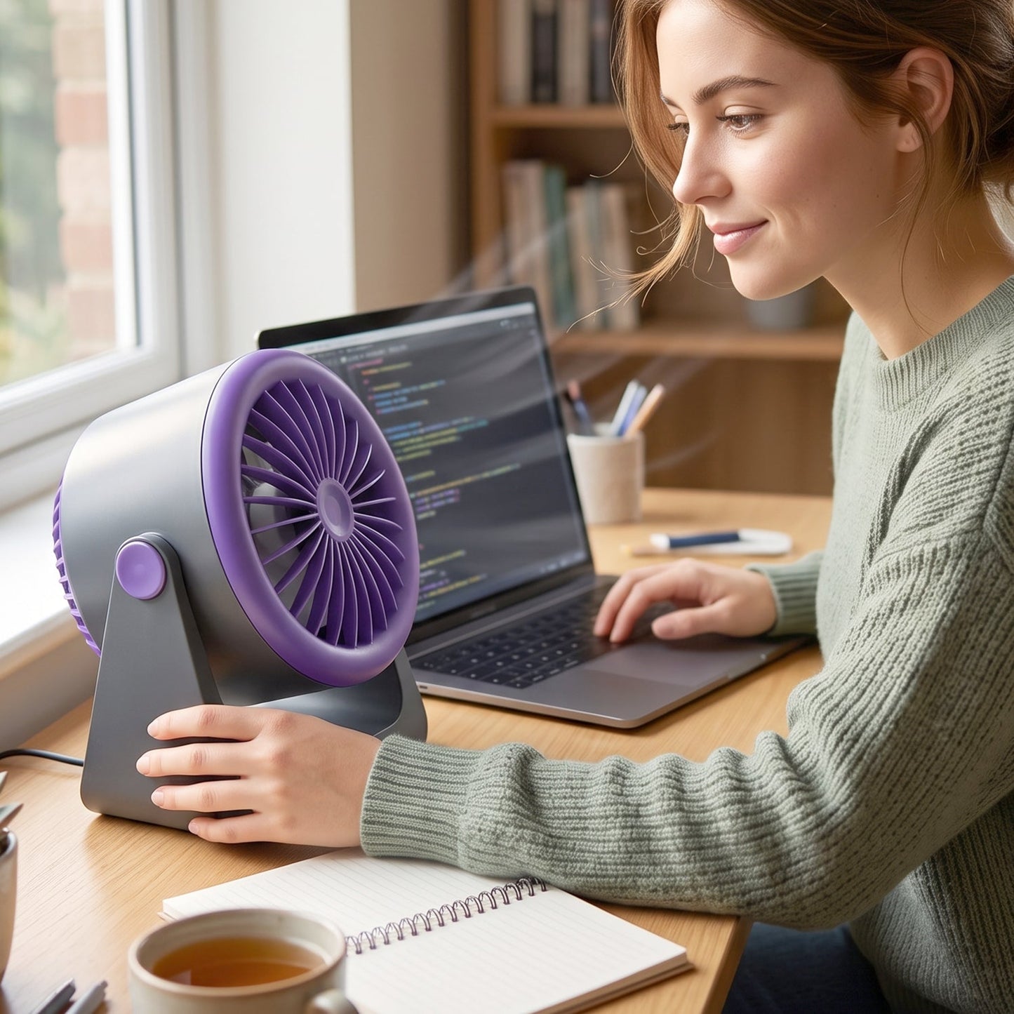 A brown box for a multi-functional desktop circulating fan sits next to the gray and purple fan with a USB-C cable.
