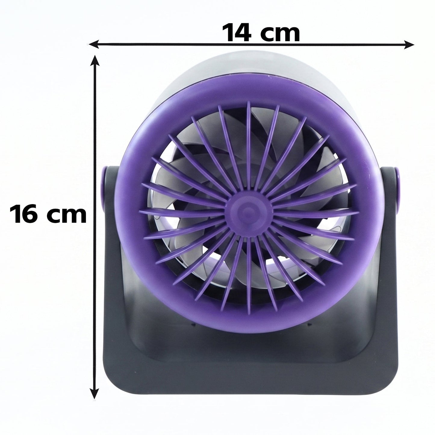 The back of a gray and purple Personal Desktop Air Circulation Fan with a blue digital display showing '00' on a desk.