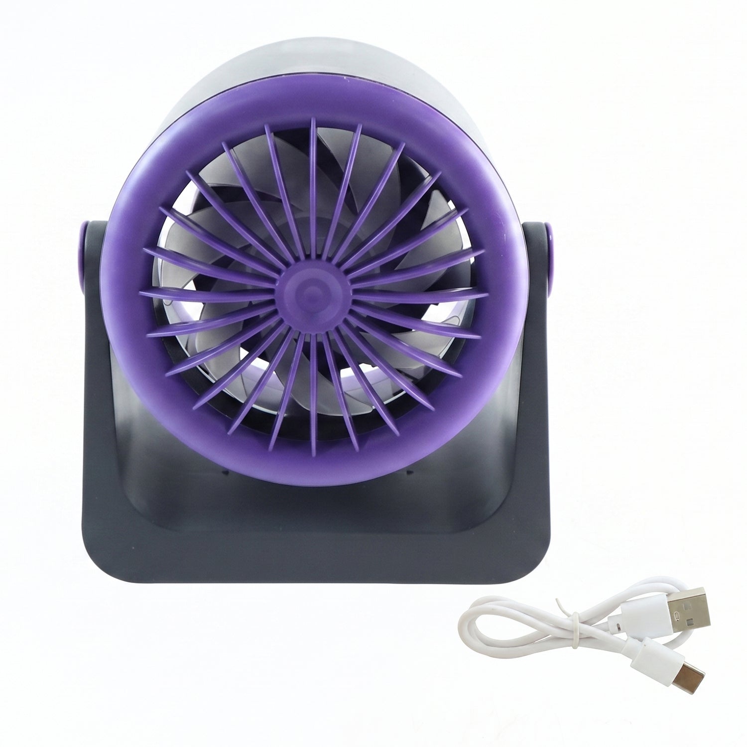 The gray and purple Personal Desktop Air Circulation Fan is shown head-on with its 14 cm width and 16 cm height dimensions.