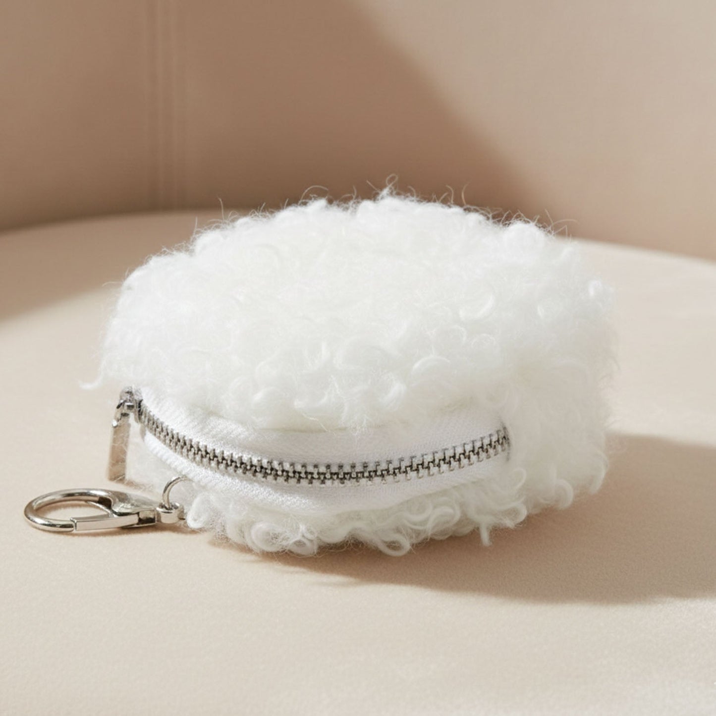 Mini plush coin purse front view with zipper closure