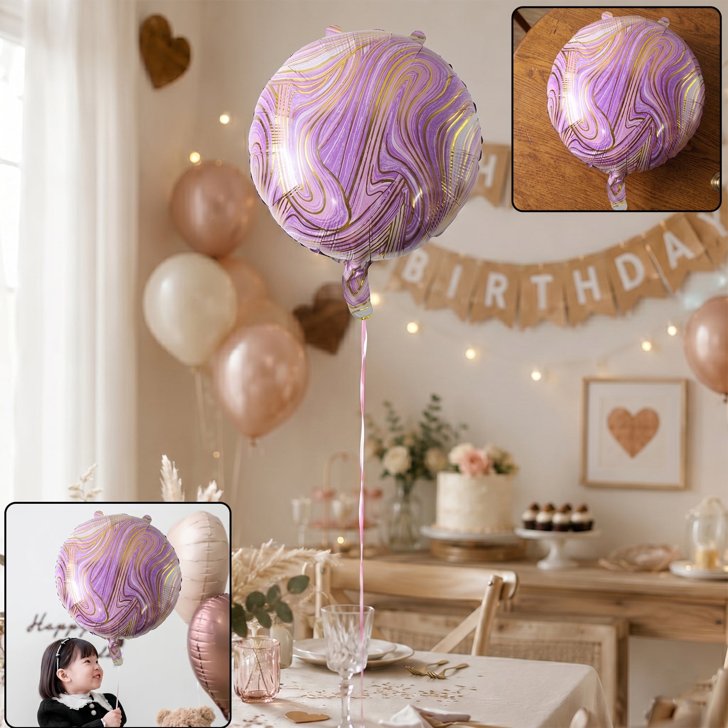 A purple and gold marble foil balloon floats above a decorated birthday party table with a cake and other balloons
