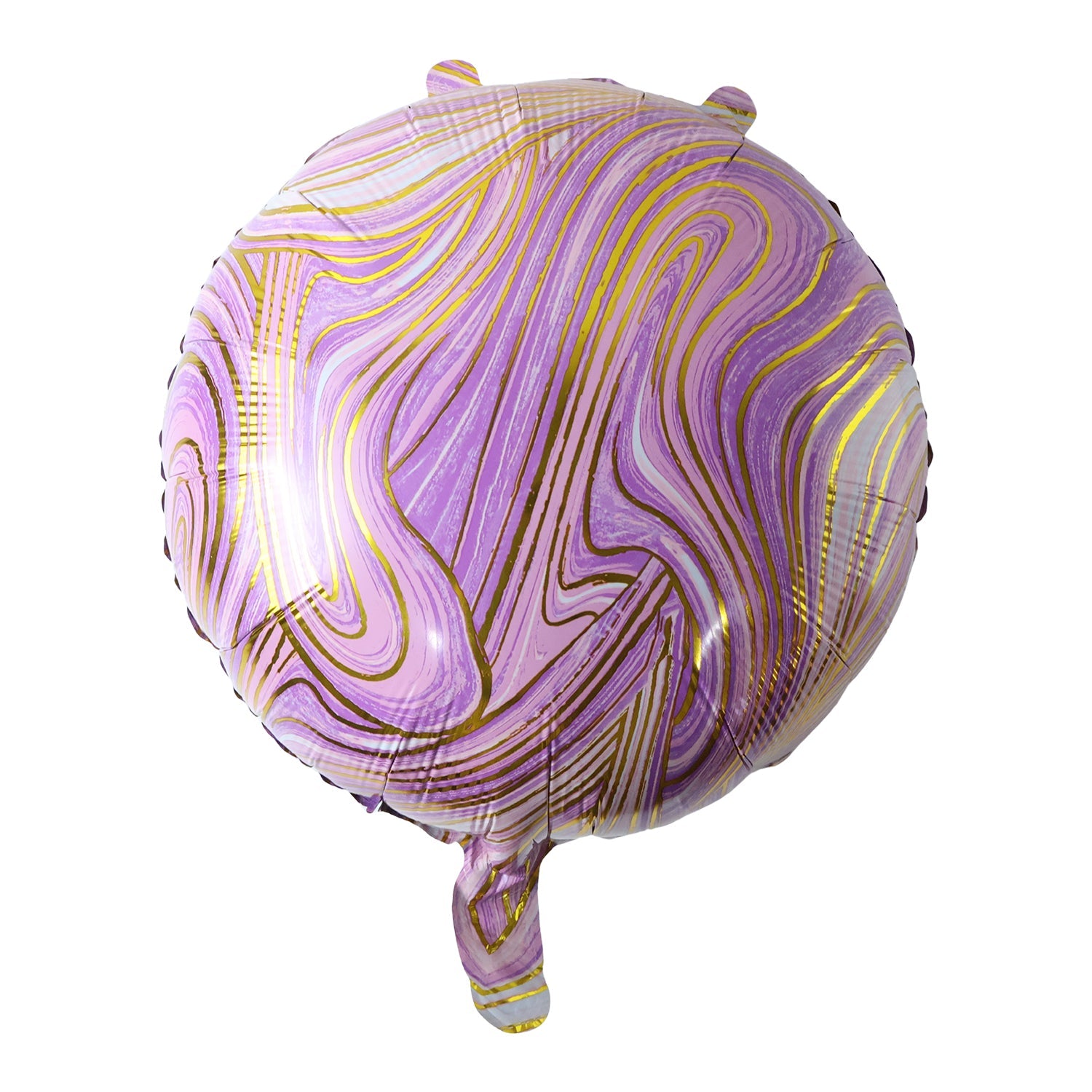 A close-up of a round purple and gold marble foil balloon on a white background.