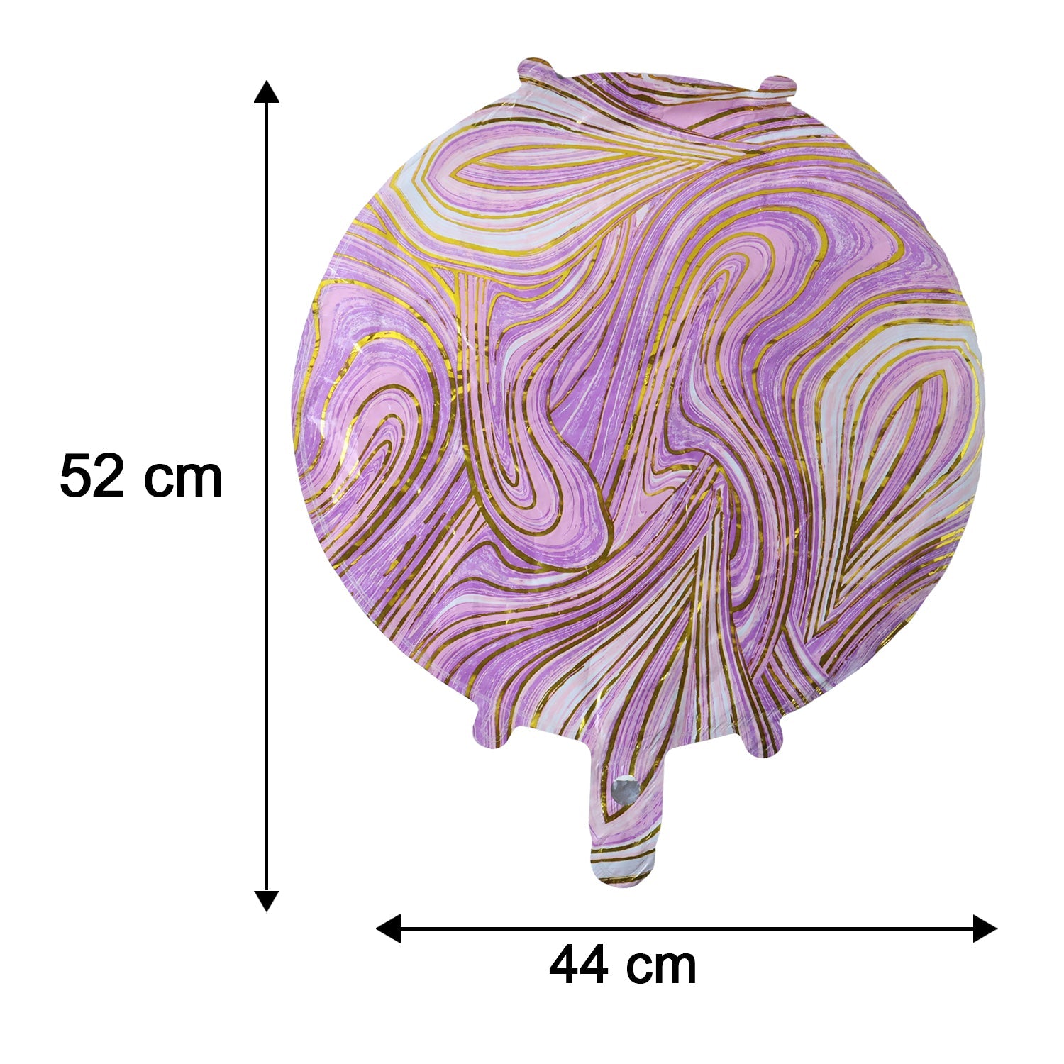 A purple and gold marble foil balloon with dimensions of 52 cm height and 44 cm width indicated by arrows.