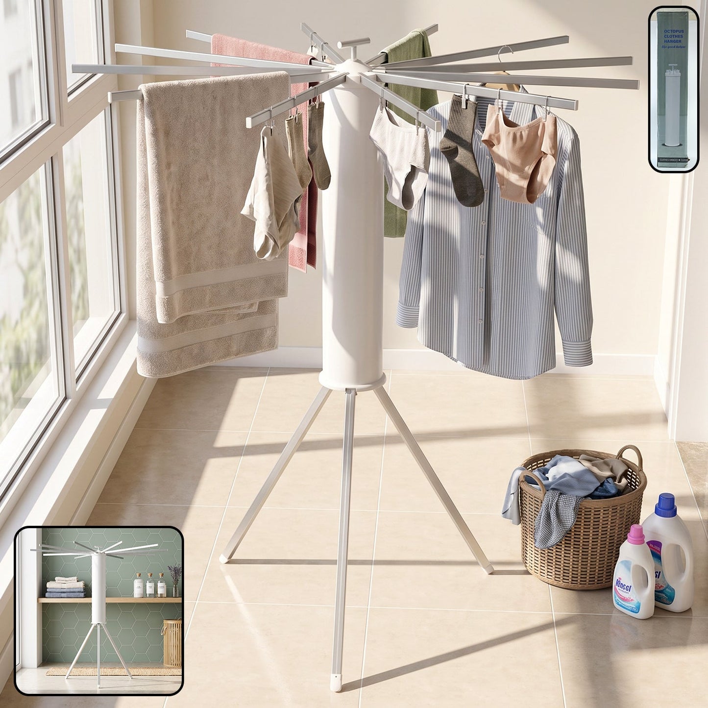 White tripod clothes drying rack with various clothes hanging on it, next to a laundry basket and detergents.