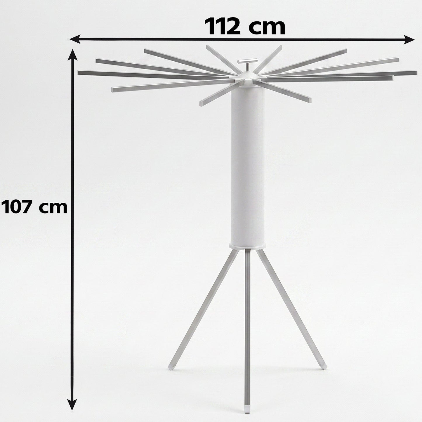 White tripod clothes drying rack with dimensions of 112 cm width and 107 cm height indicated.