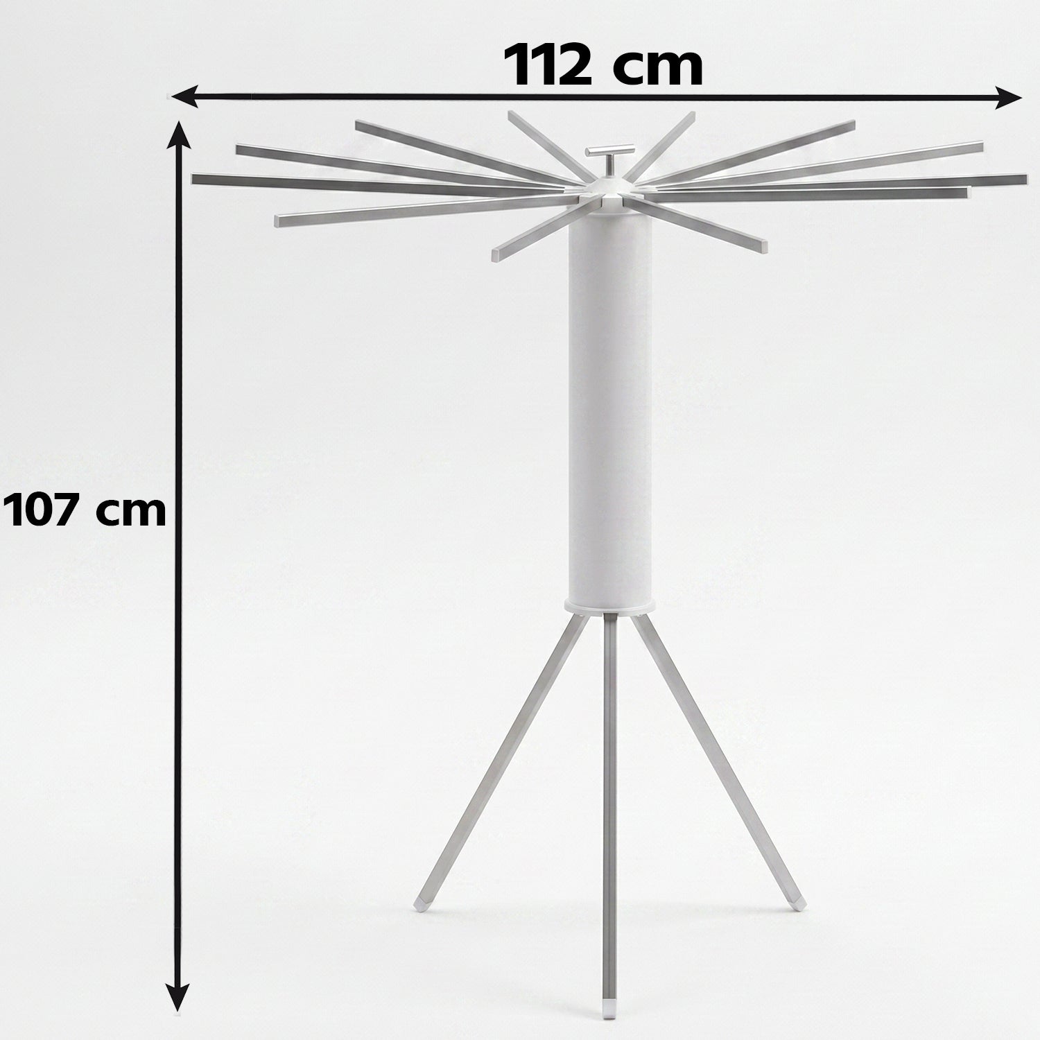 White tripod clothes drying rack with dimensions of 112 cm width and 107 cm height indicated.