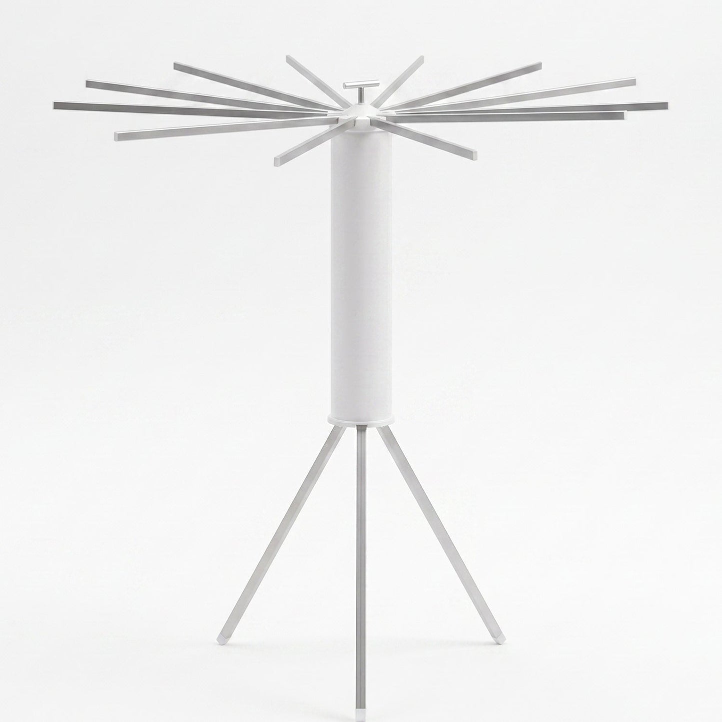 White tripod clothes drying rack with all arms extended, presented against a plain white background.