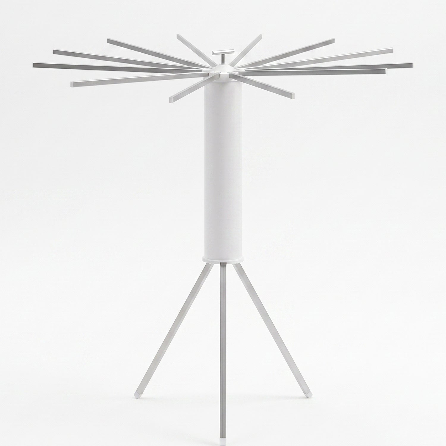 White tripod clothes drying rack with all arms extended, presented against a plain white background.