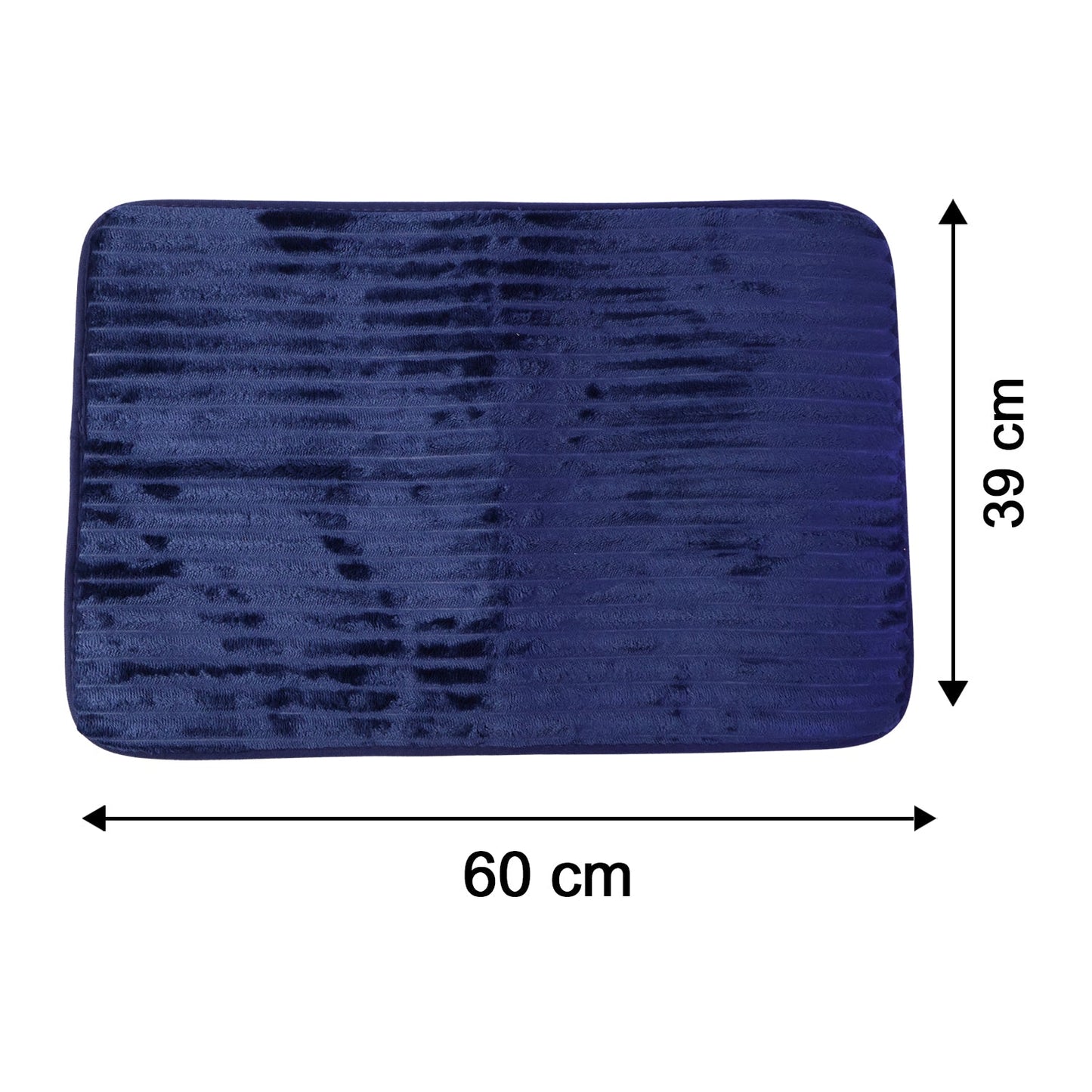 A navy blue ribbed memory foam bath mat is displayed with its dimensions, 60 cm by 39 cm, indicated by arrows.