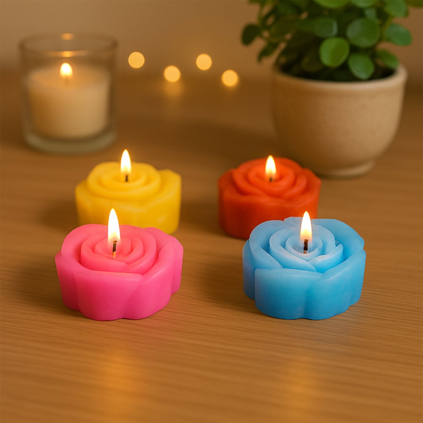Wax candle set featuring six elegant rose designed candles in red and yellow hues