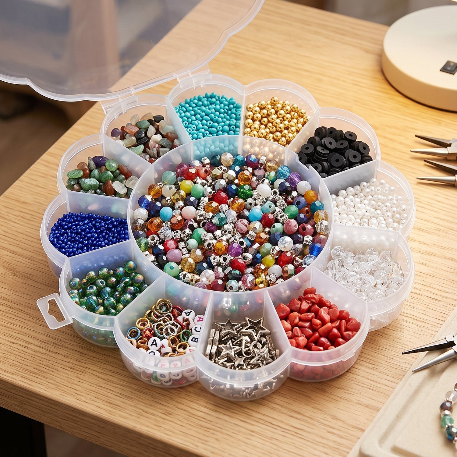 Clear flower-shaped organizer box with 13 compartments filled with assorted colorful beads and jewelry-making tools on a