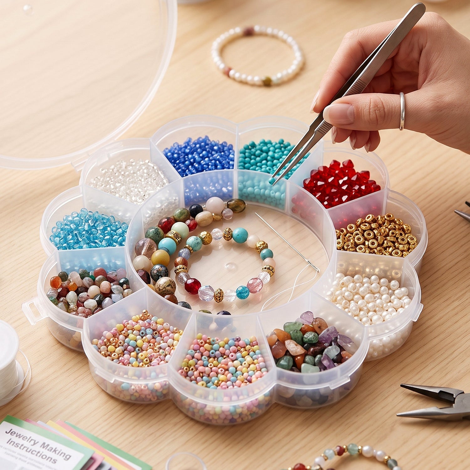 A hand using tweezers to pick a blue bead from a clear flower-shaped organizer box filled with various colorful beads and