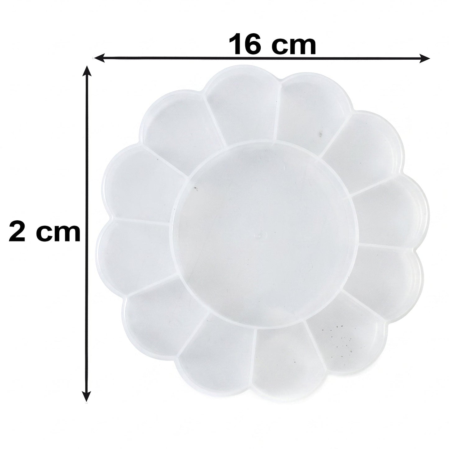Top-down view of an empty, clear, flower-shaped plastic organizer box with 13 compartments, showing dimensions of 16 cm and