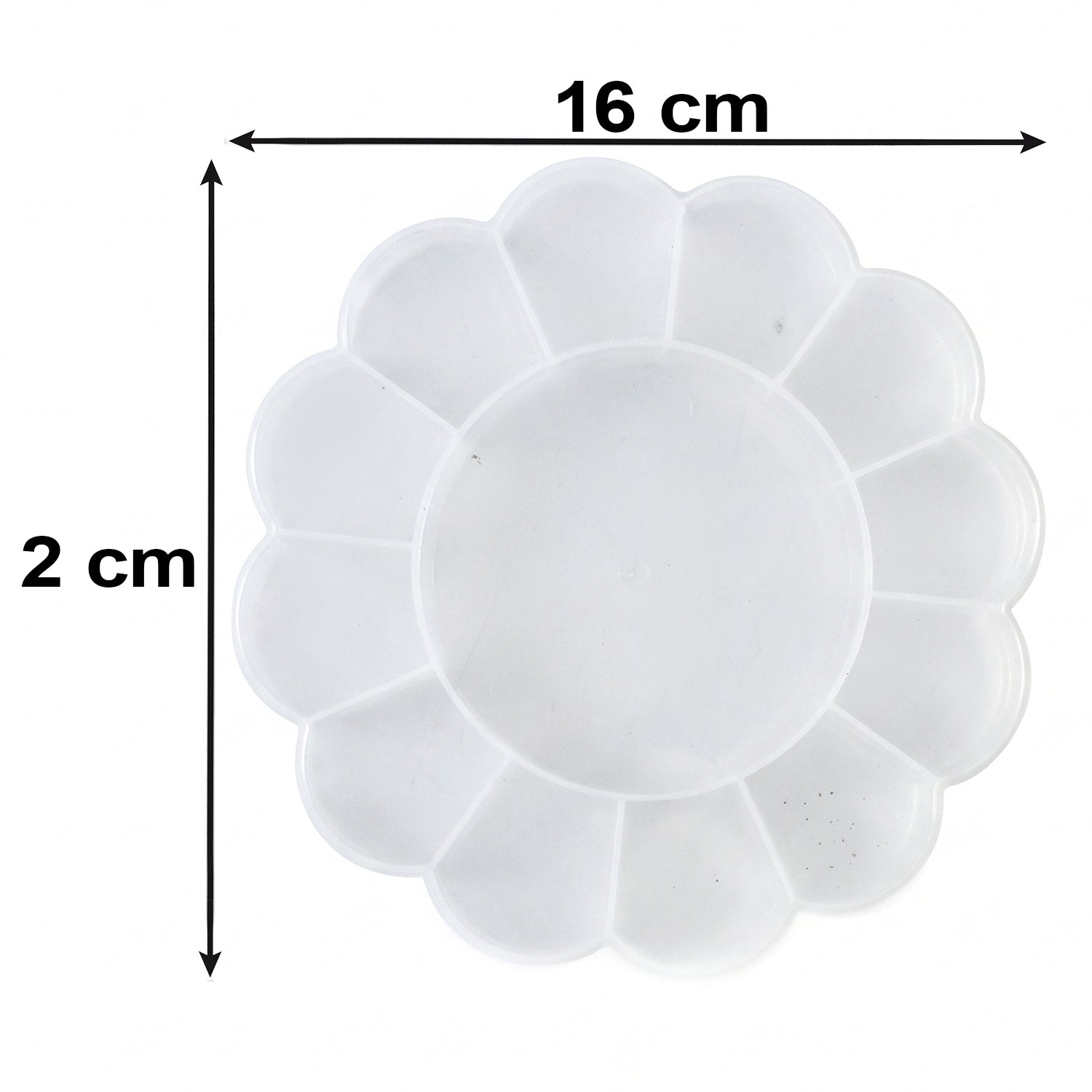Top-down view of an empty, clear, flower-shaped plastic organizer box with 13 compartments, showing dimensions of 16 cm and