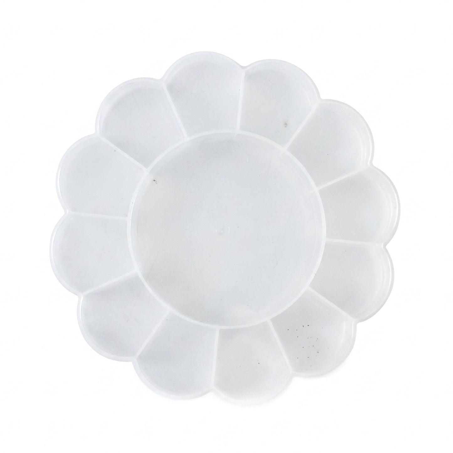 Top-down view of an empty, clear, flower-shaped plastic organizer box with 13 compartments on a white background.