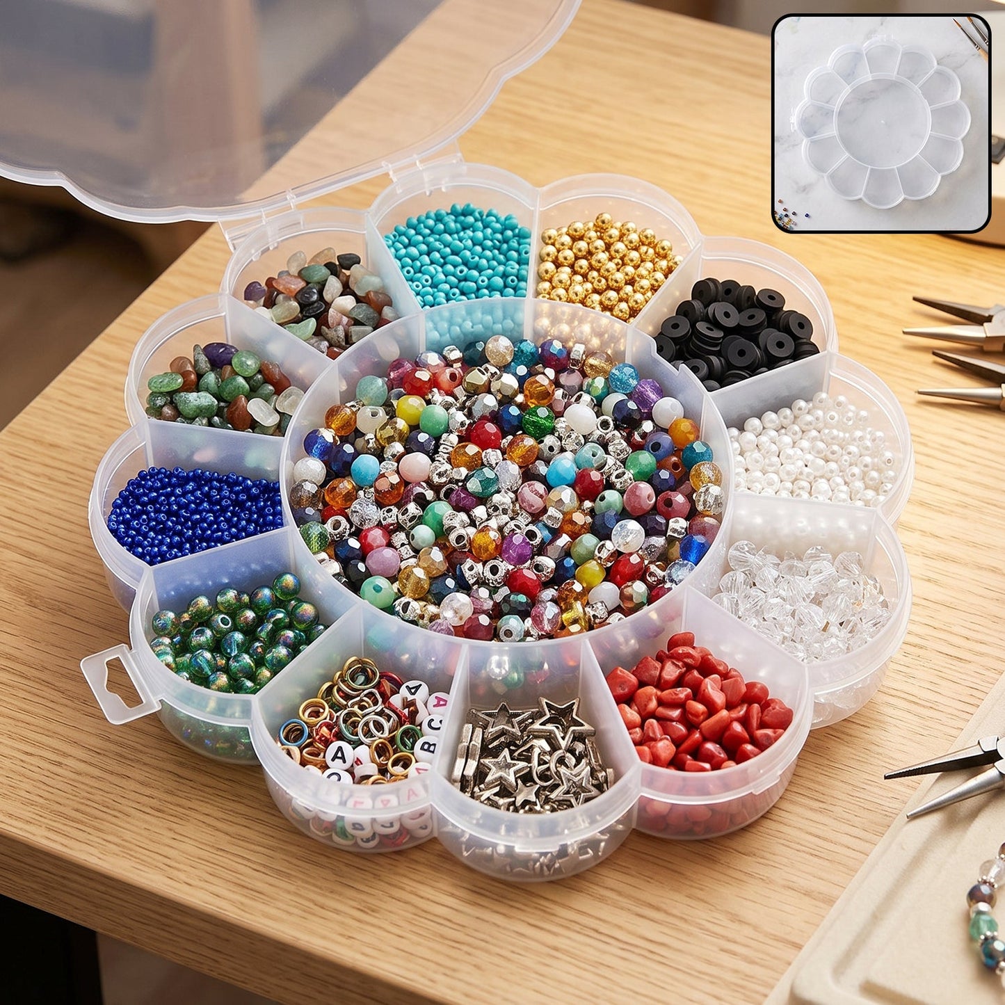 Clear flower-shaped organizer box with 13 compartments filled with assorted colorful beads and jewelry-making supplies.