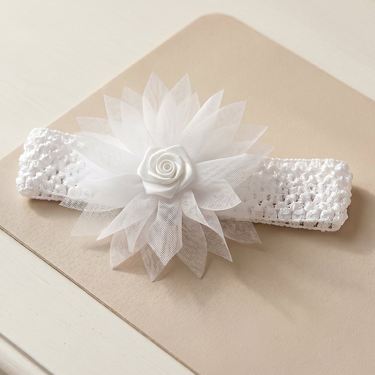 Close-up of floral bow on the soft stretchable baby headband
