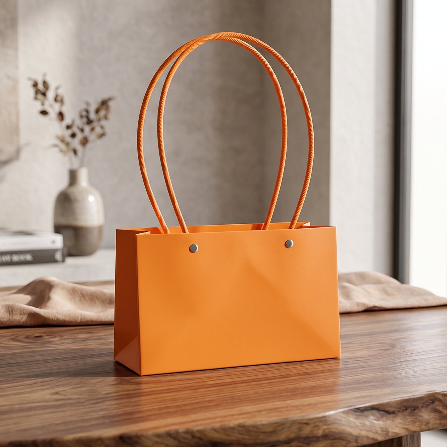 A glossy orange rectangular gift bag with thin, round orange handles sits on a rustic wooden table in a minimalist setting.