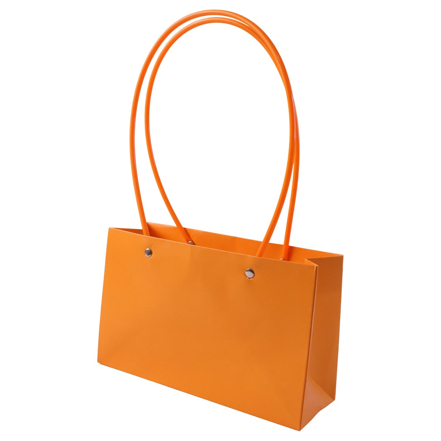 A glossy orange rectangular gift bag with thin, round orange handles stands angled on a white background.