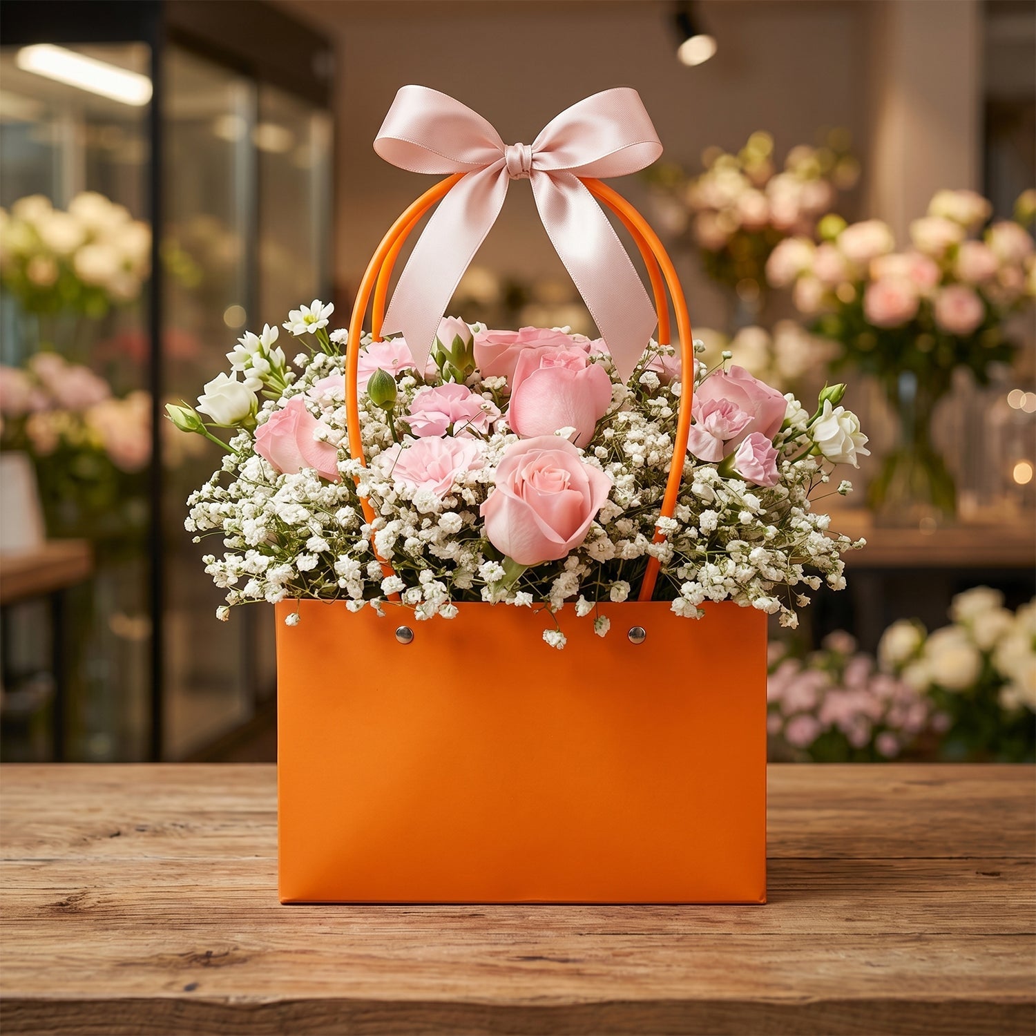 An orange rectangular gift bag with round handles, filled with pink roses and baby's breath, tied with a pink bow, sits on a