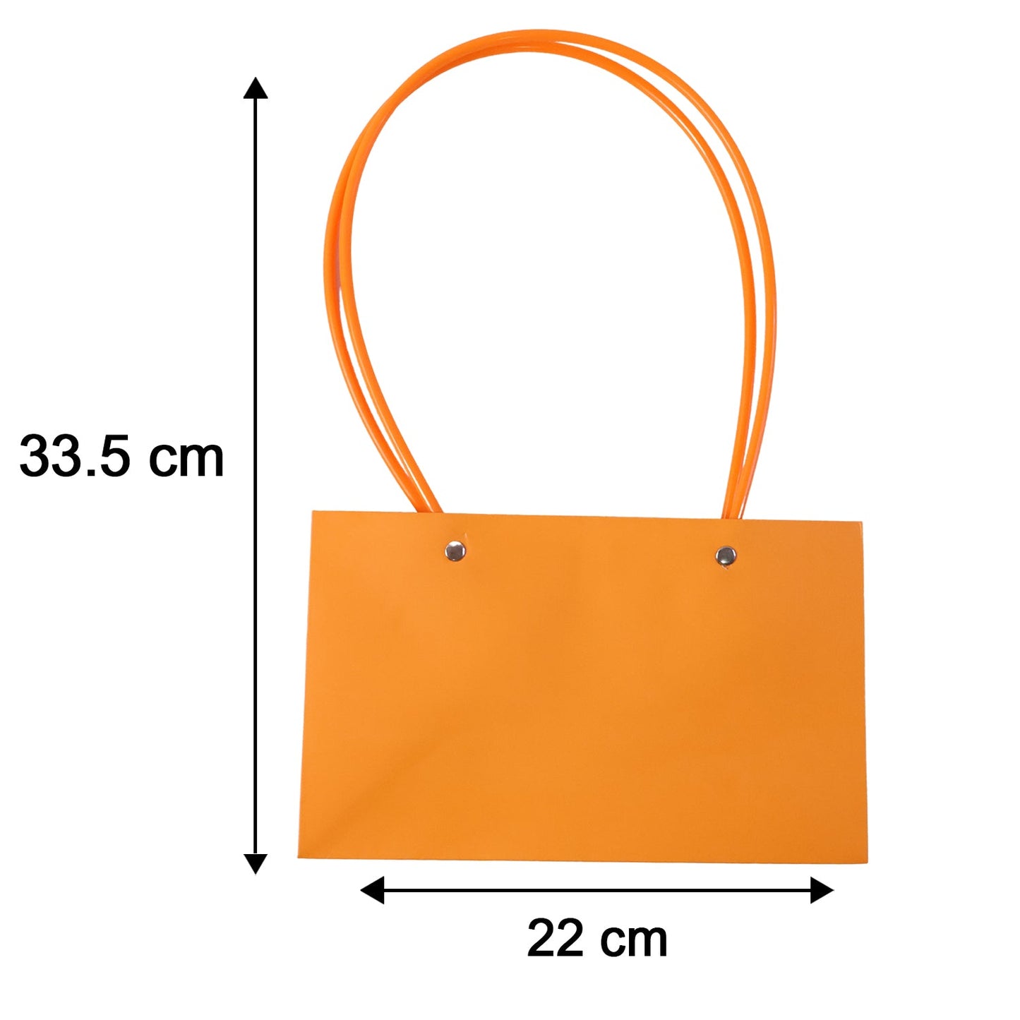A glossy orange rectangular gift bag with thin, round orange handles on a white background