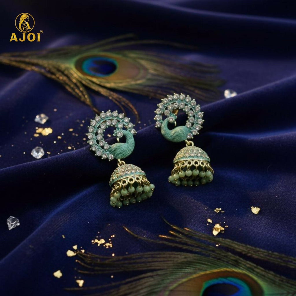 Mint Green Peacock Stone Jhumka Earrings