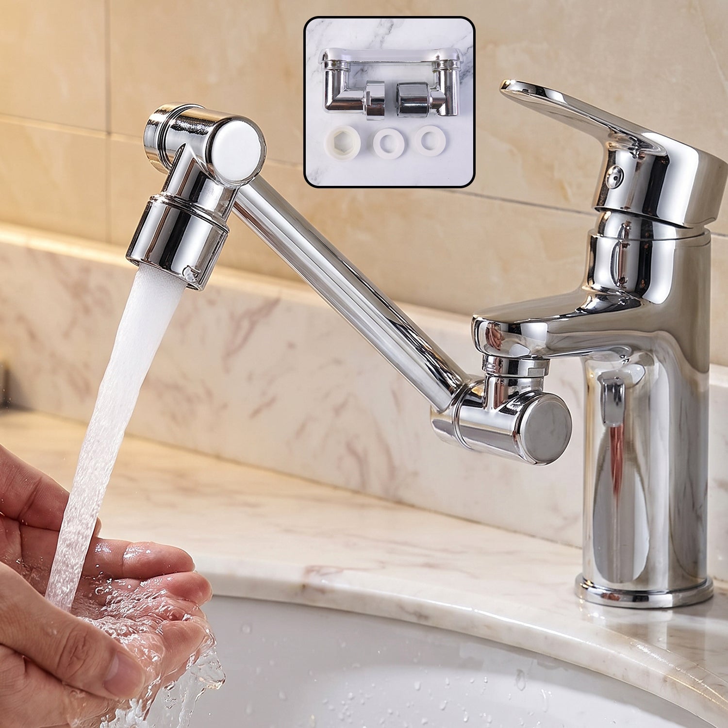A chrome rotatable faucet splash head extension is attached to a faucet, with water flowing into hands in a sink. A small
