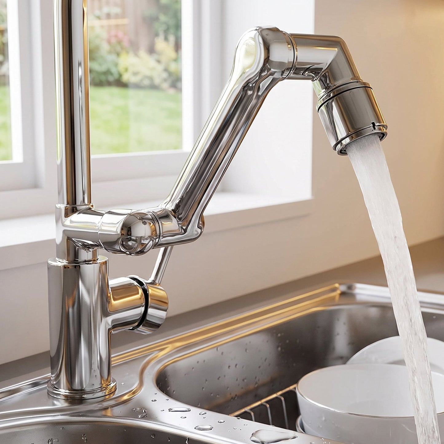 A chrome rotatable faucet splash head extension is attached to a kitchen faucet, with water flowing into a stainless steel