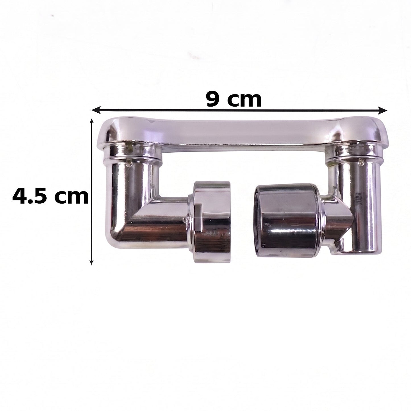 The chrome rotatable faucet splash head extension is shown in two pieces with dimensions of 9 cm length and 4.5 cm width on