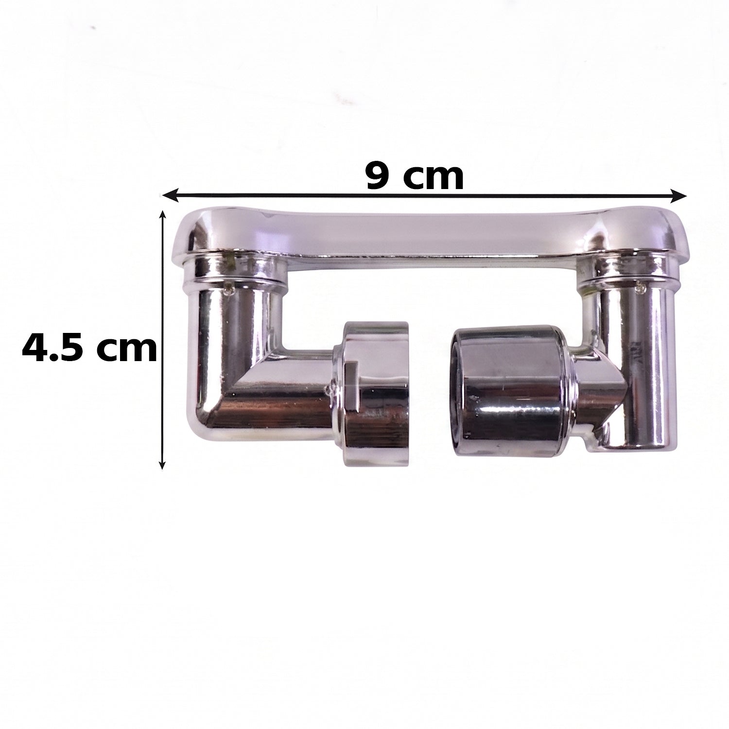 The chrome rotatable faucet splash head extension is shown in two pieces with dimensions of 9 cm length and 4.5 cm width on