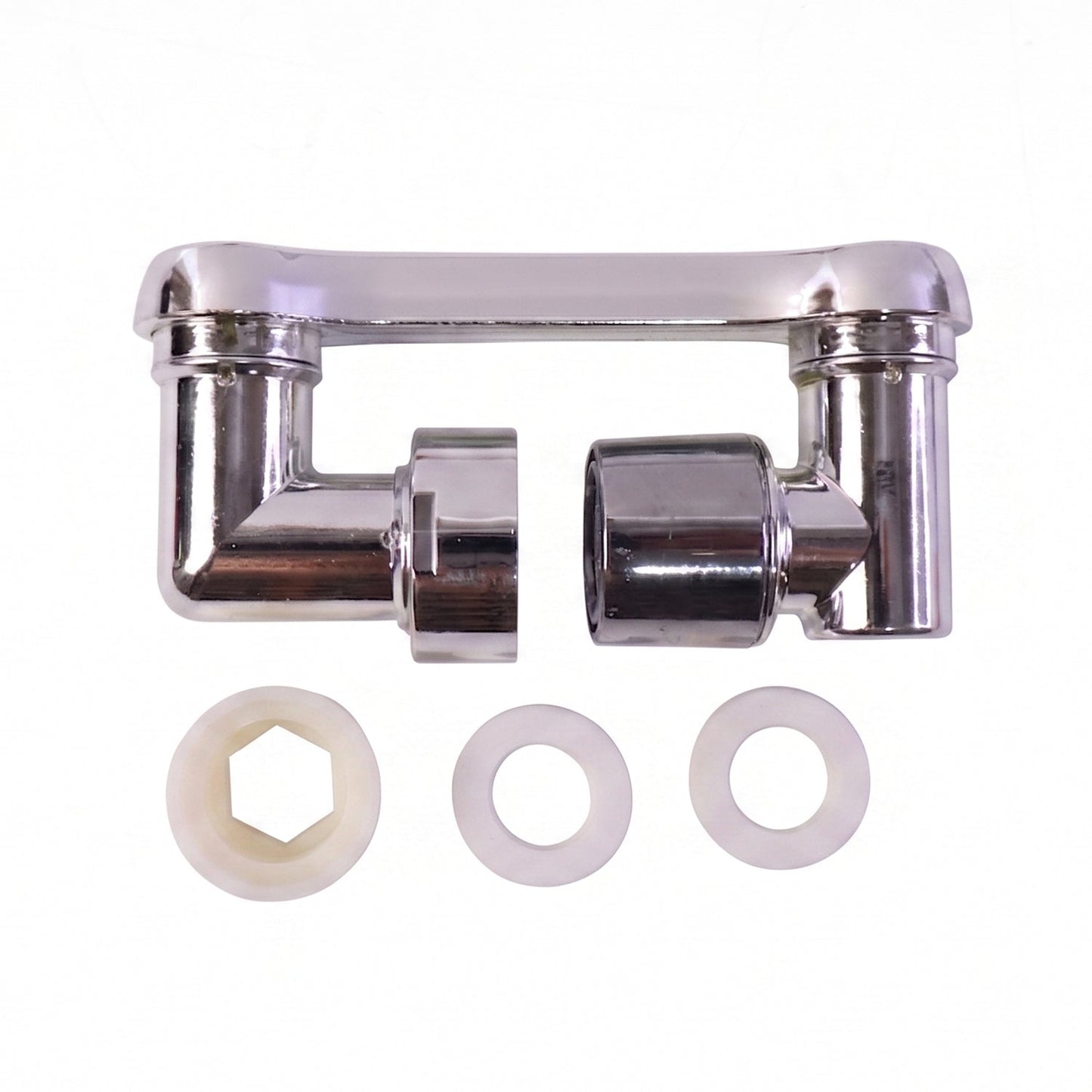 The chrome rotatable faucet splash head extension (1 Pc) is shown in two pieces with three white washers on a white