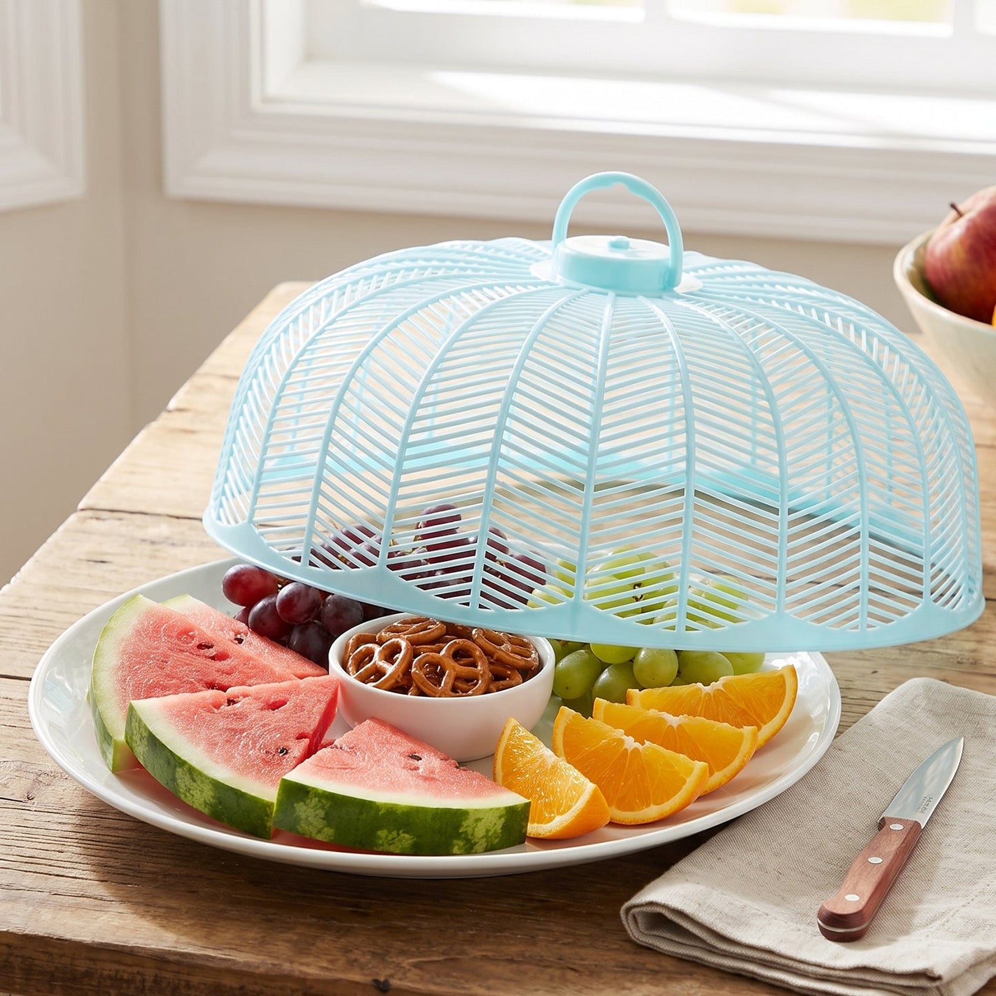 Light blue plastic mesh food cover dome over a white plate with watermelon, oranges, grapes, and pretzels on a wooden table.