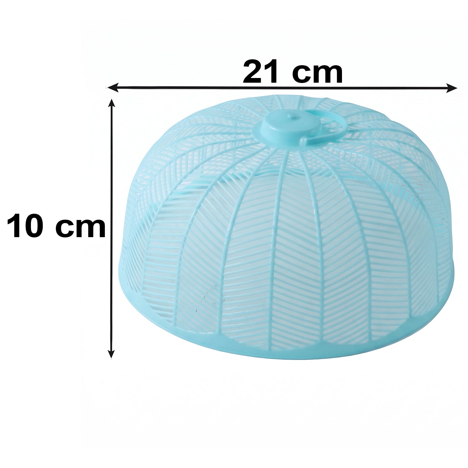 Light blue plastic mesh food cover dome with dimensions 21 cm wide and 10 cm high indicated.