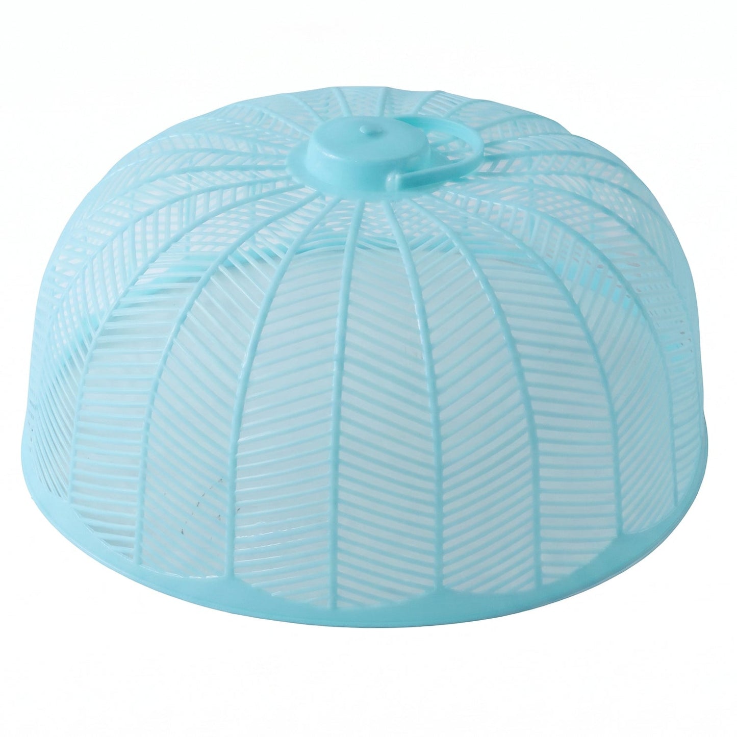 Light blue plastic mesh food cover dome with a handle on a plain white background.