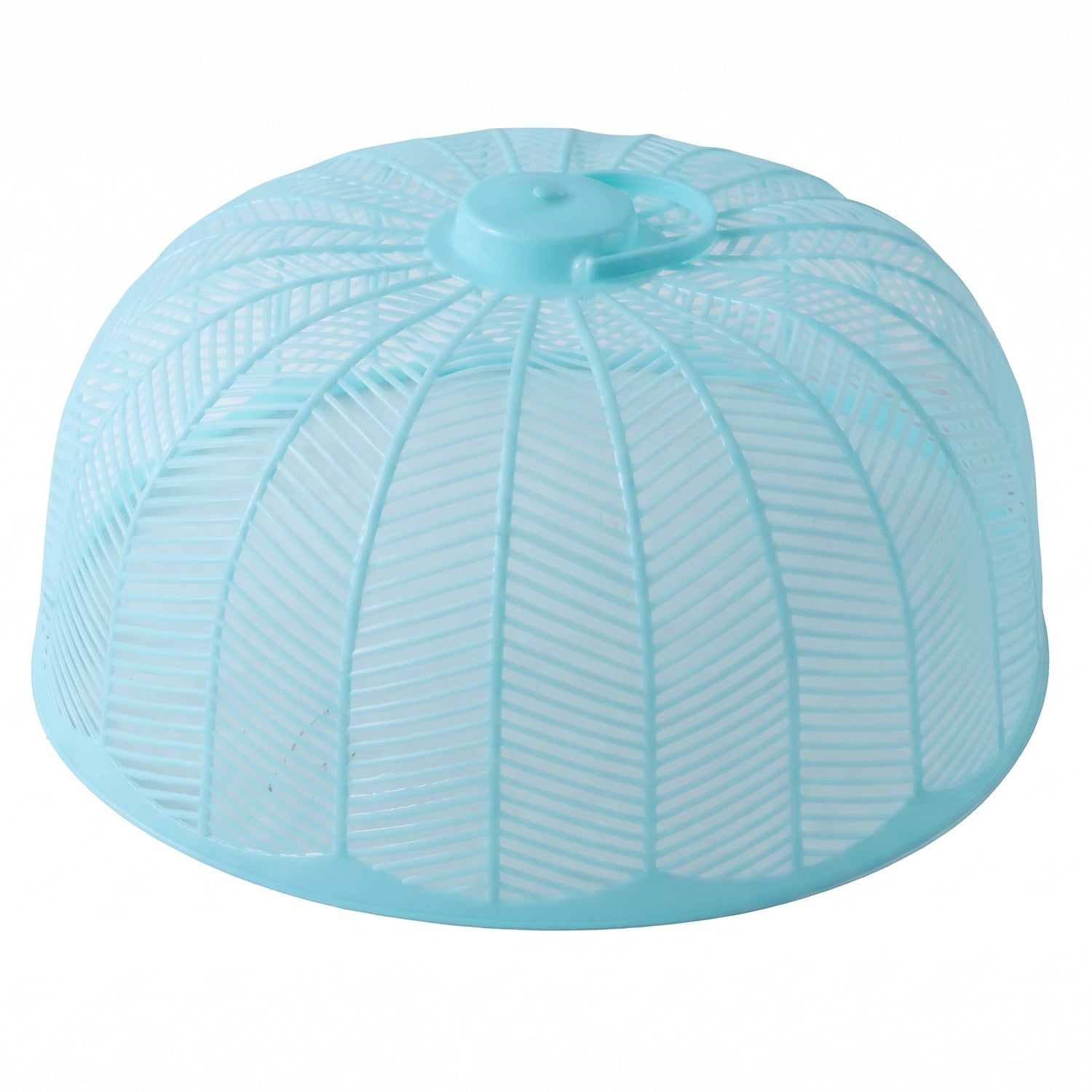 Light blue plastic mesh food cover dome with a handle on a plain white background.