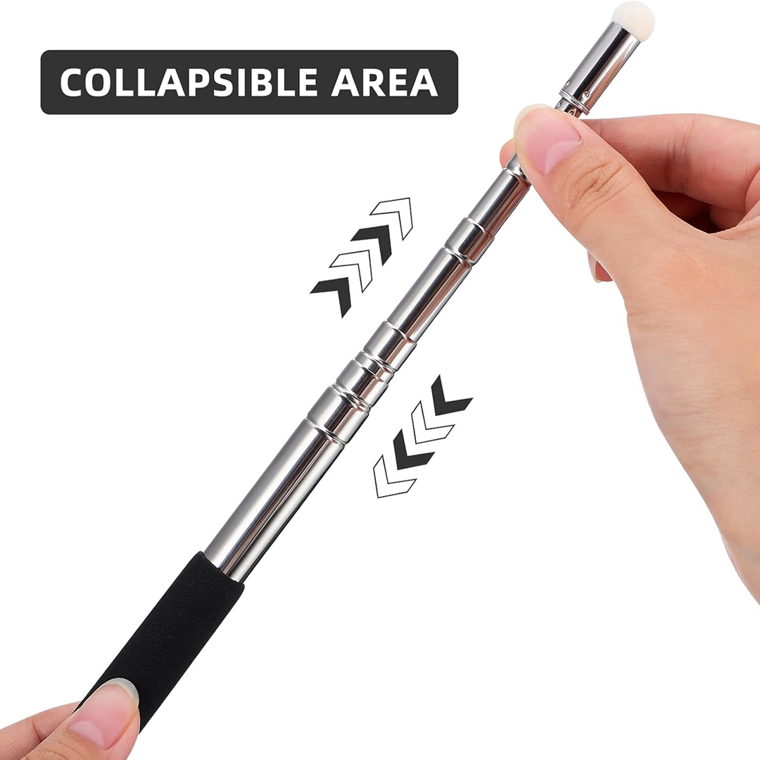 A hand holds the silver metal baton, showing the collapsible sections with arrows indicating the collapsing action.